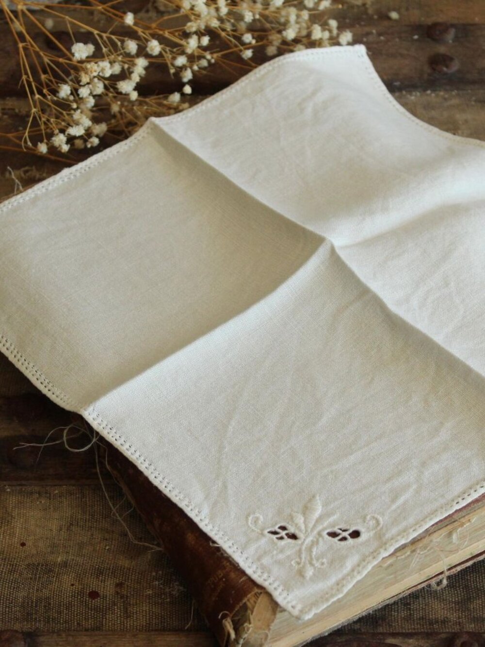 Vintage 1940s Cocktail or Tea Napkin, Ivory Linen with Madeira Fleur de Lis Embr